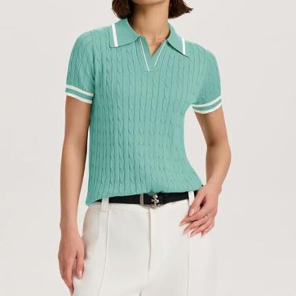 Women’s Short Sleeve Lightweight Cable Knit Sweater Top Mint Green V-Neck Blouse - Picture 6 of 6